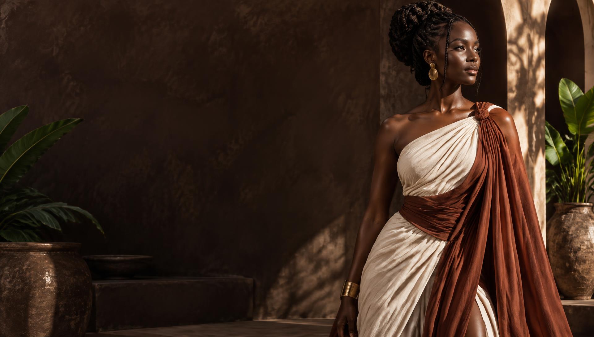 Femme noire dans une tenue ivoire et terracotta, univers Nubians
